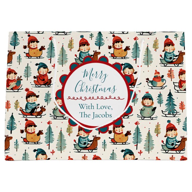 Merry Christmas  | Sledding Children Christmas Large Gift Bag (Front)