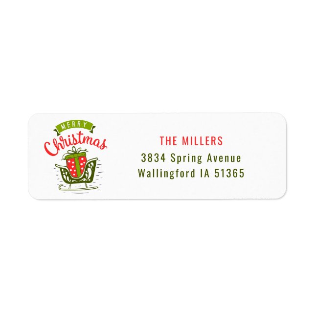 Merry Christmas Sleigh Gift Red Green Xmas Address Label (Front)