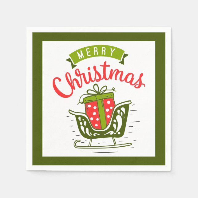 Merry Christmas Sleigh Present Red Green Festive Napkins (Front)