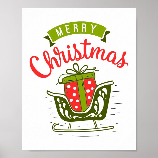 Merry Christmas Sleigh Present Red Green Holiday  Poster (Front)
