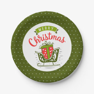 Merry Christmas Sleigh Red Green Snowflake Pattern Paper Plates