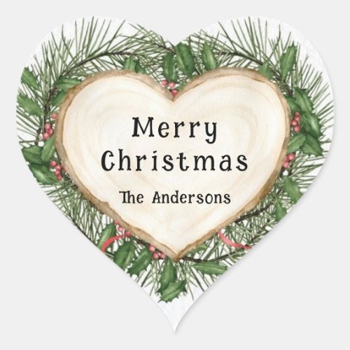 Merry Christmas Slice Wood Heart Wreath Custom Heart Sticker