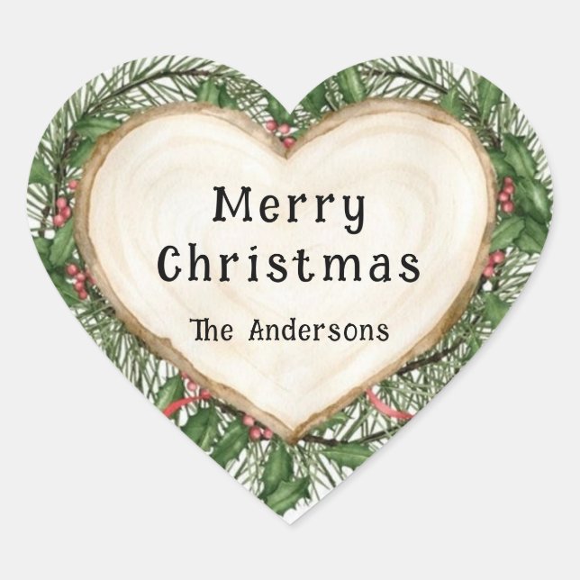 Merry Christmas Slice Wood Heart Wreath Custom Sticker (Front)