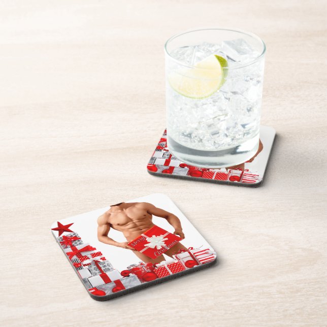 Merry Christmas SlipperyJoe red white silver gift  Beverage Coaster (Right Side)