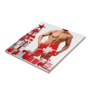 Merry Christmas SlipperyJoe red white silver gift Ceramic Tile