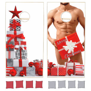 Merry Christmas SlipperyJoe red white silver gift Cornhole Set