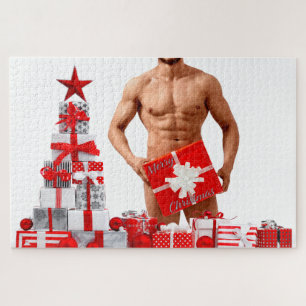 Merry Christmas SlipperyJoe red white silver gift Jigsaw Puzzle