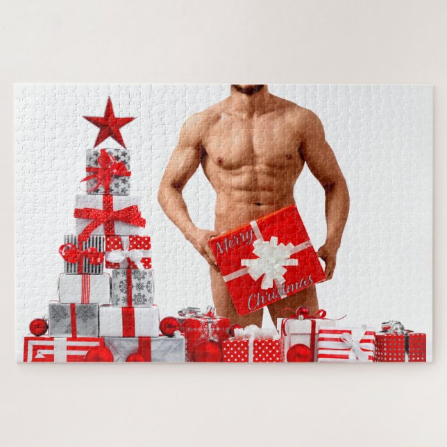 Merry Christmas SlipperyJoe red white silver gift  Jigsaw Puzzle (Horizontal)