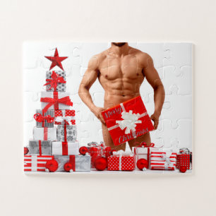 Merry Christmas SlipperyJoe red white silver gift Jigsaw Puzzle