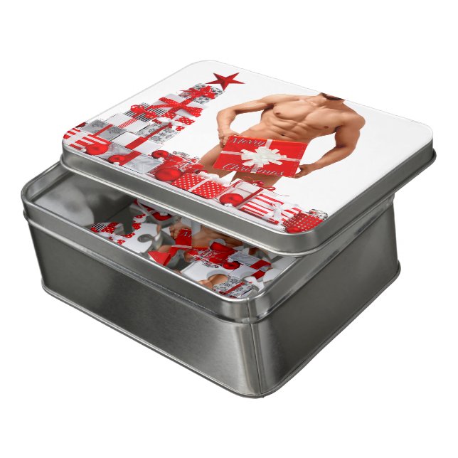 Merry Christmas SlipperyJoe red white silver gift  Jigsaw Puzzle (Lid Open)