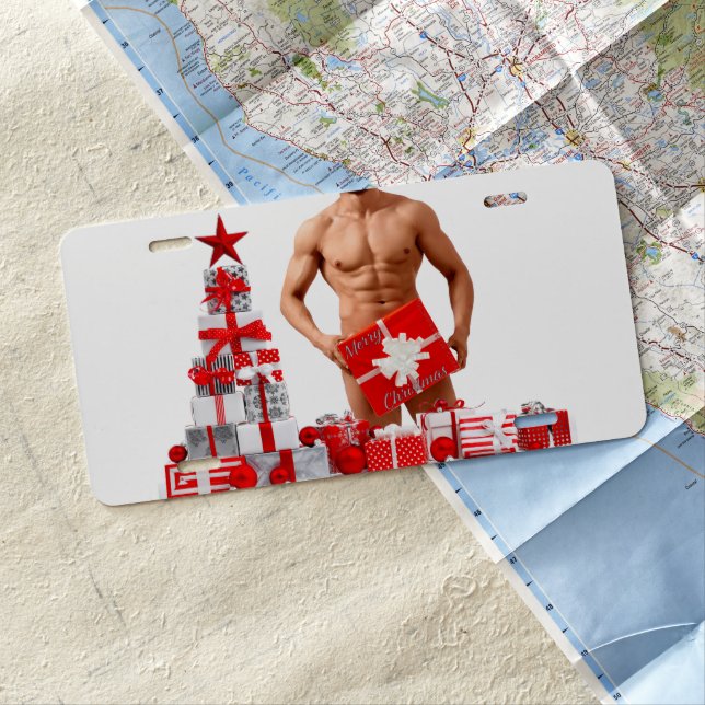 Merry Christmas SlipperyJoe red white silver gift  License Plate (In Situ)