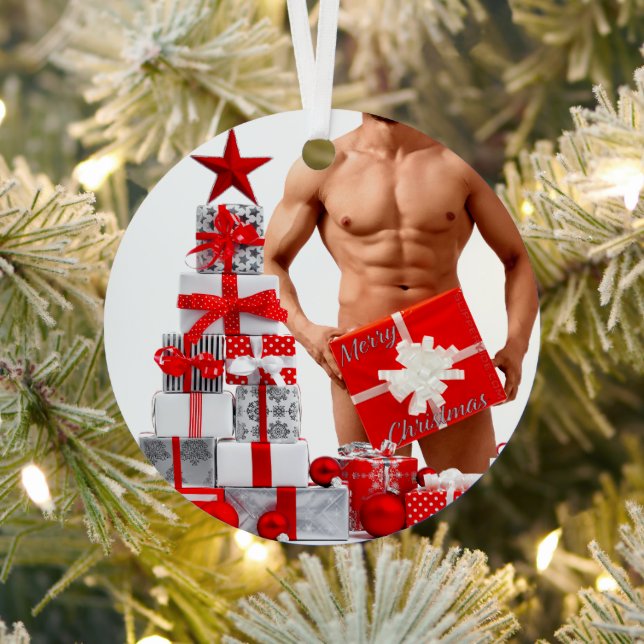 Merry Christmas SlipperyJoe red white silver gift  Metal Ornament (Insitu)