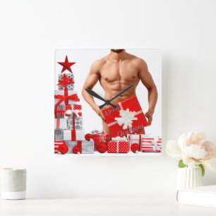 Merry Christmas SlipperyJoe red white silver gift  Square Wall Clock
