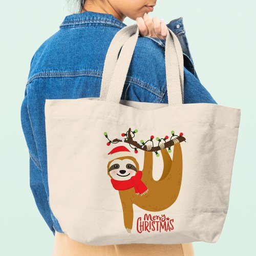 Merry Christmas Sloth Cute Festive Holidays Large Tote Bag