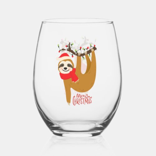 Merry Christmas Sloth Cute Holidays Stemless Wine Glass