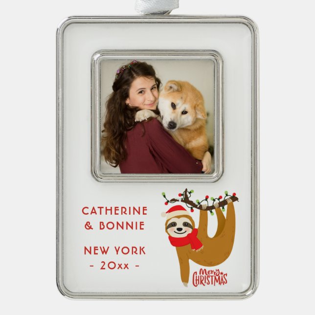 Merry Christmas Sloth Holidays Add Your Own Photo Ornament (Front)