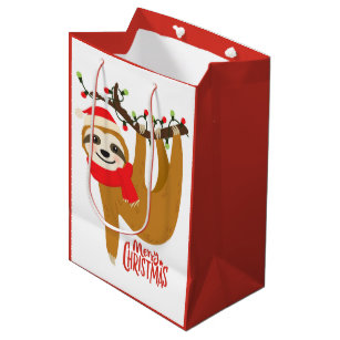 Set Of Four Christmas Sloth Themed Small Gift Bags Red Handles 5.5 x 5.5 x 2.5" 