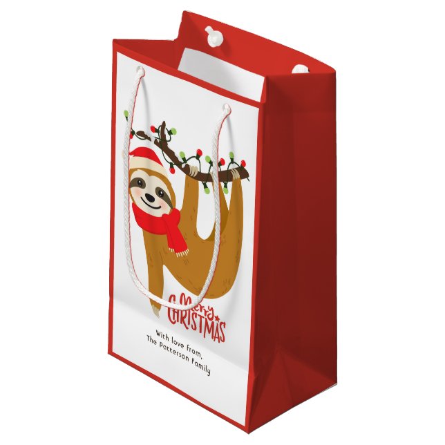 Merry Christmas Sloth | Holidays Personalized Name Small Gift Bag (Front Angled)