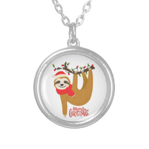 Merry Christmas Sloth Holidays Silver Plated Necklace