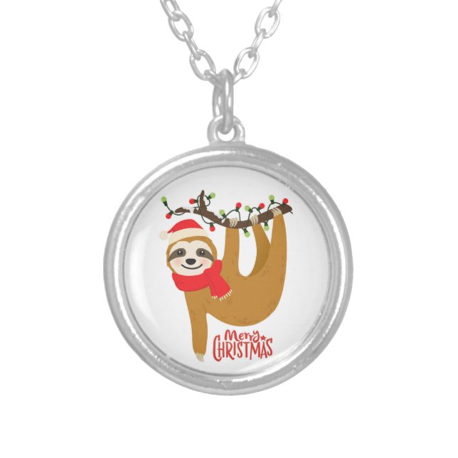 Merry Christmas Sloth | Holidays Silver Plated Necklace (Front)