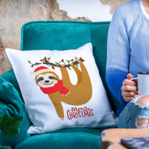 Merry Christmas Sloth   Holidays Throw Pillow