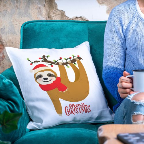 Merry Christmas Sloth  Holidays Throw Pillow