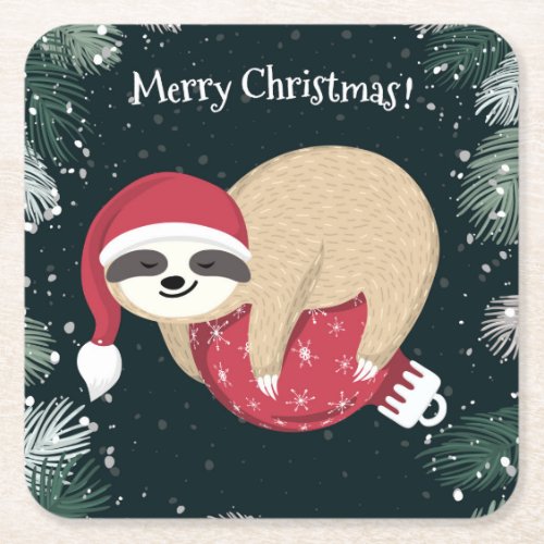 Merry Christmas Sloth Ornament Square Paper Coaster