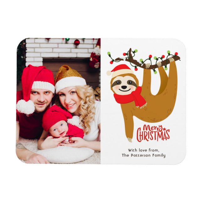 Merry Christmas Sloth Personalized Photo Magnet (Horizontal)