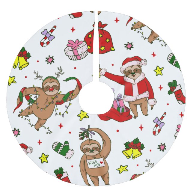 merry christmas sloth santa claus reindeer brushed polyester tree skirt (Front)