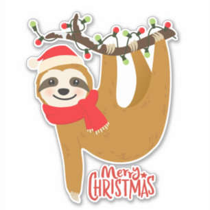 Merry Christmas Sloth Santa Hat Christmas Lights Sticker