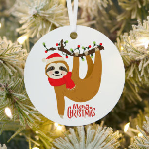 Merry Christmas Sloth Santa Hat Tree Branch Metal Ornament