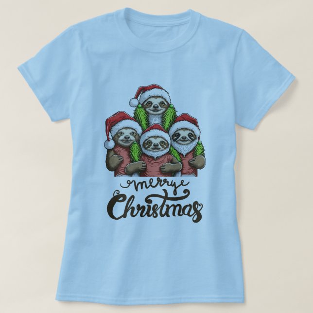 Merry Christmas Sloth Squad Cute Relaxing Holiday T-Shirt (Design Front)