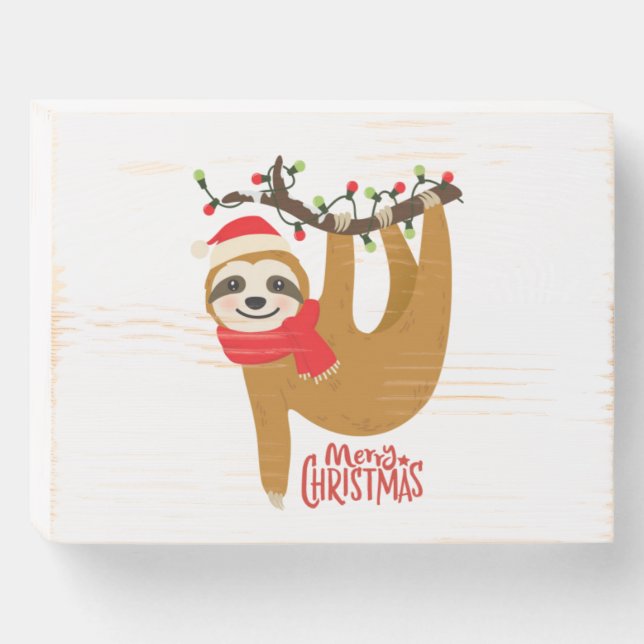 Merry Christmas Sloth Wooden Box Sign (Front Horizontal)