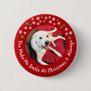 Merry Christmas Smiling Dog Photo Funny Red Circle Button