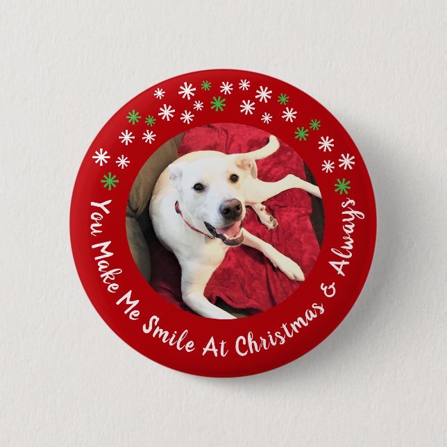 Merry Christmas Smiling Dog Photo Funny Red Circle Button (Front)