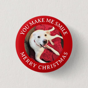 Merry Christmas Smiling Dog Photo Funny Red Round Button