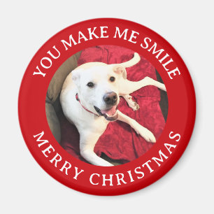 Merry Christmas Smiling Dog Photo Funny Red Round Magnet
