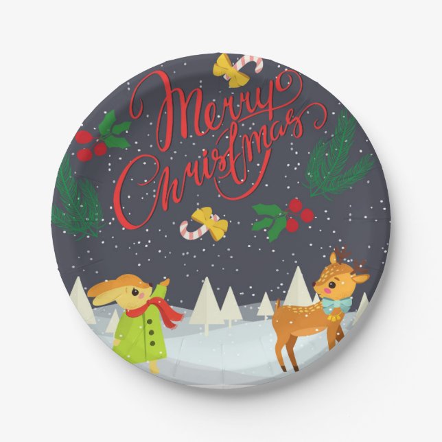 Merry Christmas Snow and Holly  Paper Plates (Front)