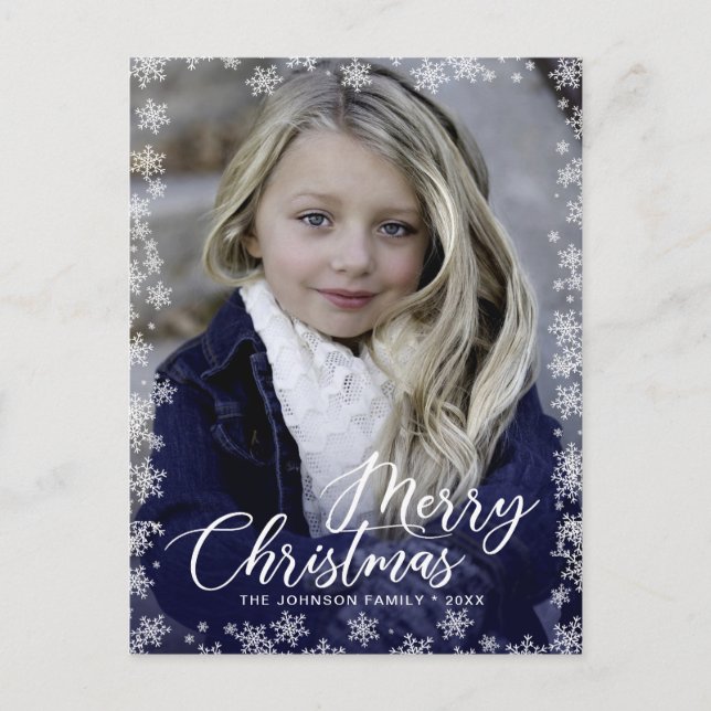 Merry Christmas Snow Brush Script PHOTO Greeting Postcard (Front)