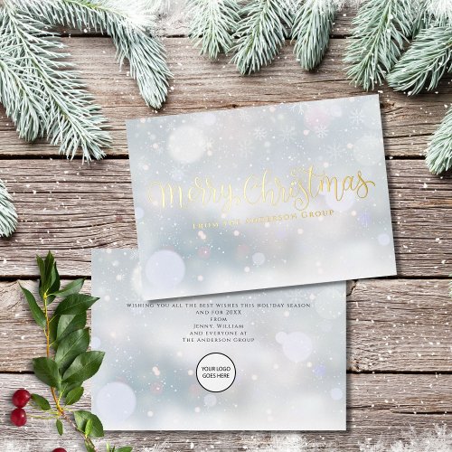 Merry Christmas Snow Corporate Business Logo Gold Foil Holiday Card