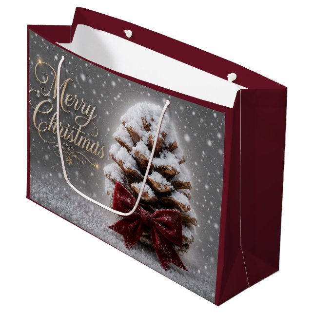 Merry Christmas Snow Covered Pine Cone Large Gift Bag (Front Angled)