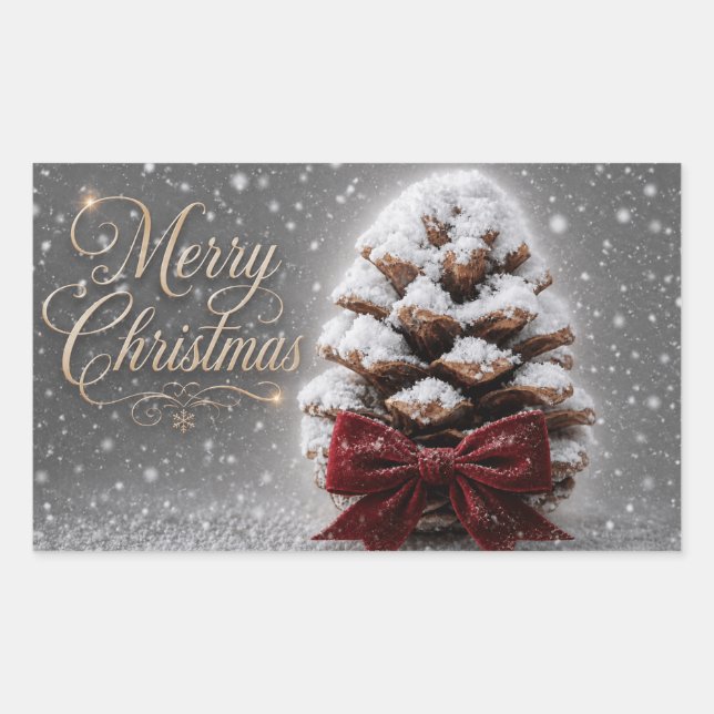 Merry Christmas Snow Covered Pine Cone Rectangular Sticker (Front)