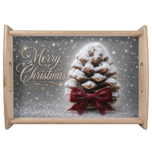 Merry Christmas Snow Covered Pine Cone Serving Tray
