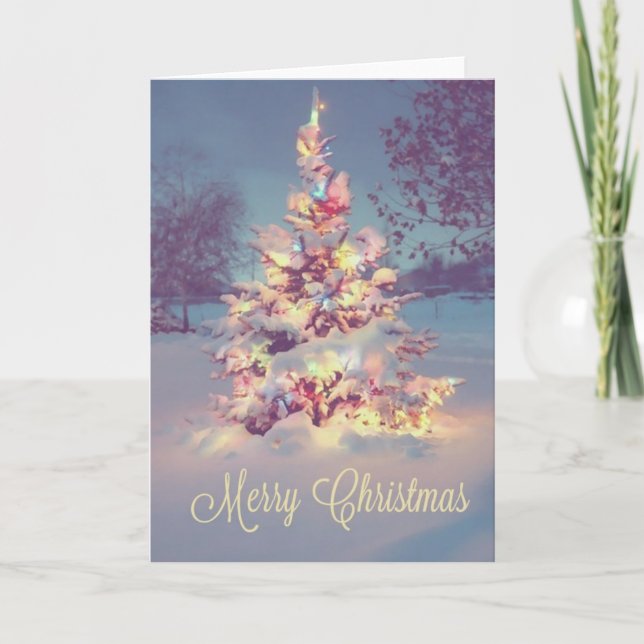 Merry Christmas Snow Covered Tree Holiday Card (Front)
