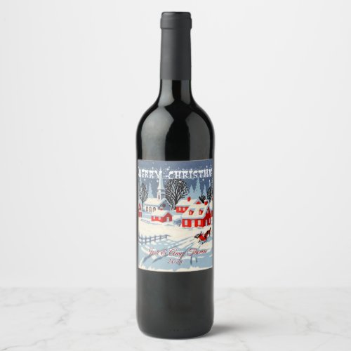 Merry Christmas Snow Covered Village Horse Church Wine Label