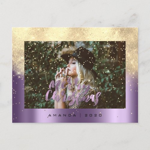 Merry Christmas Snow Eggplant Gold Photo Glitter Postcard