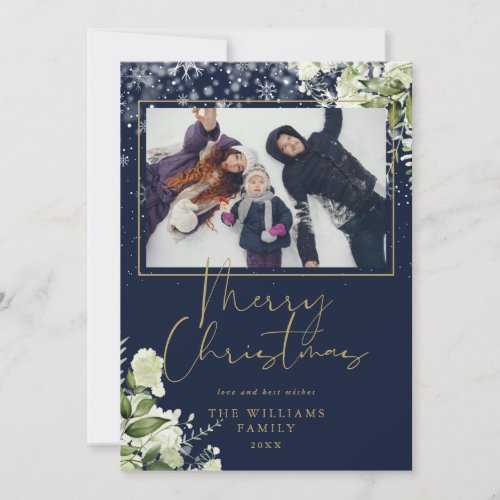 Merry Christmas Snow Floral Gold And Blue Photo Holiday Card