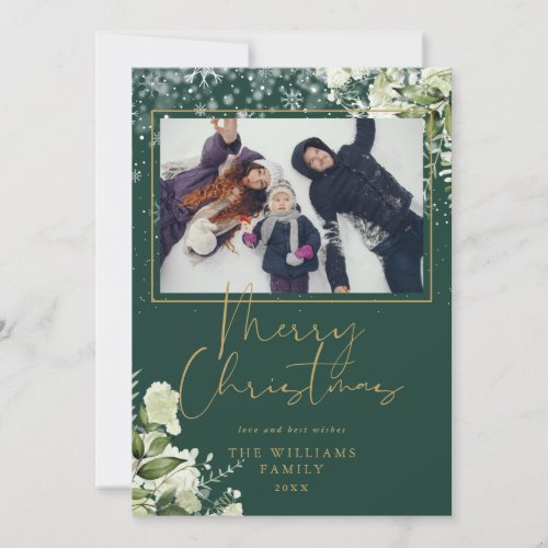 Merry Christmas Snow Floral Gold And Green Photo Holiday Card