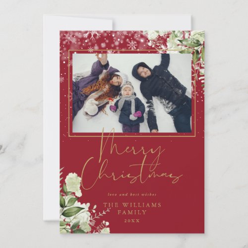 Merry Christmas Snow Floral Gold And Red Photo Holiday Card