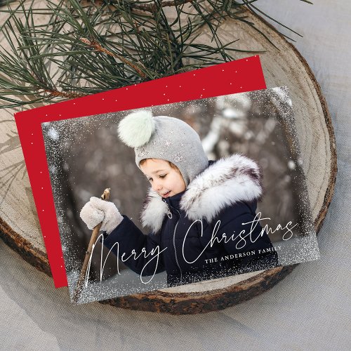 Merry Christmas Snow Flurries Red Photo Holiday Card